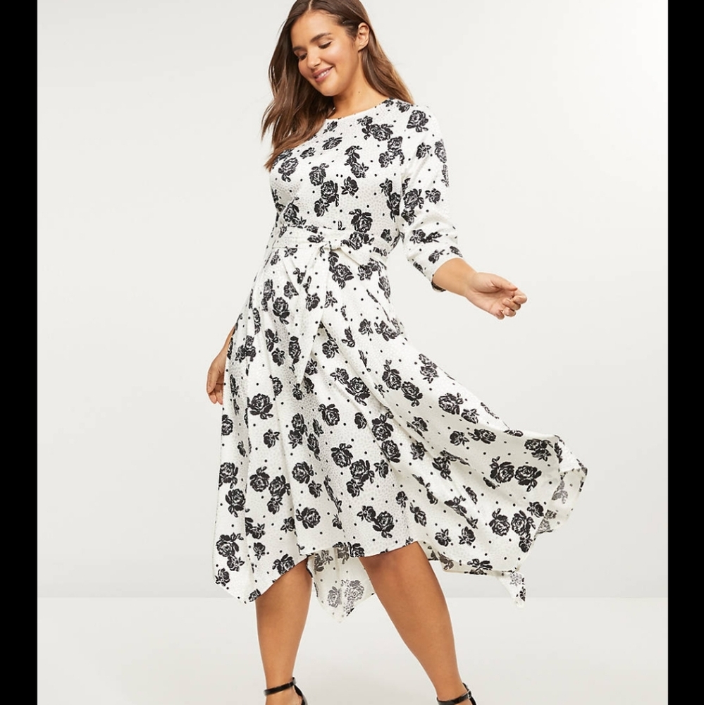 Lane Bryant 14 Floral Satin Fit Flare Midi Dress Nwot Black White Plus Size